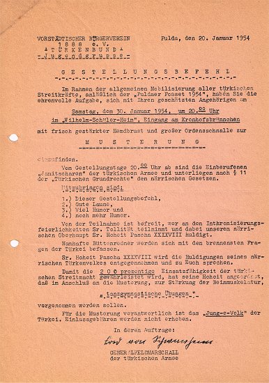 Einladung zur Musterung der Türken 1954
