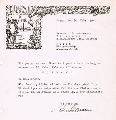 Einladung zum Hofball im Südend 1954